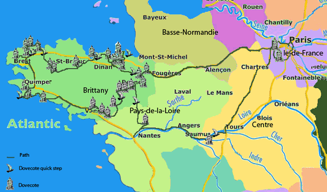Map of the dovecote tour.  Click dovecote or quick step images to be taken directly to the page covering that particular dovecote.
